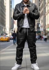 Men's Real Leather Track Suit Sweat Suit Black White Men Jogging Tracksuit