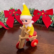 Small Mini Xmas Yellow Elf Pixie Fairy Doll Figurine Riding Toy Wood Tricycle
