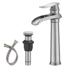 Brushed Nickel Tall Waterfall Vessel Sink Faucet with Drain Assembly  Hose