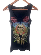 Christian Audigier Ribbed Tank Top Size XS Black Skull Rose