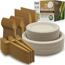 PAMI 250 Pc Eco Tableware Set Compostable Plates Cups Cutlery Heavy Duty