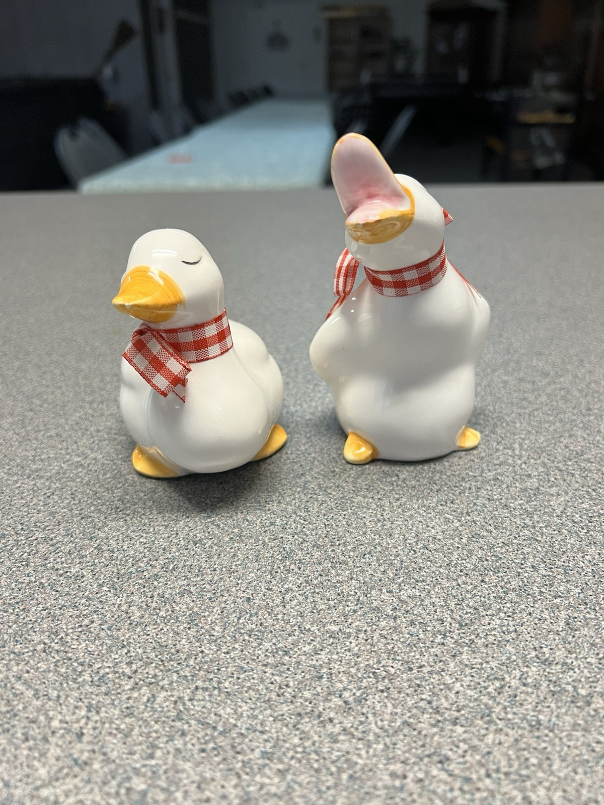 Vintage White Ceramic Duck Decor Set of 2 with Red Gingham Bows