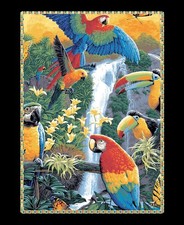 Tropical Rainforest Jungle Birds Toucan Parrots Waterfall Fabric Panel