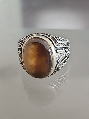925 Sterling Silver Ring Oval Orange Agate Men Jewelry  - Bild 7 von 8