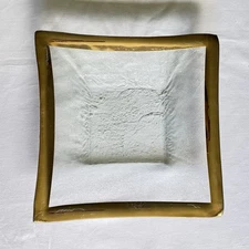 ANNIEGLASS signed 12” Square Glass Platter Bowl Roman Antique  24K Gold Rim 1980