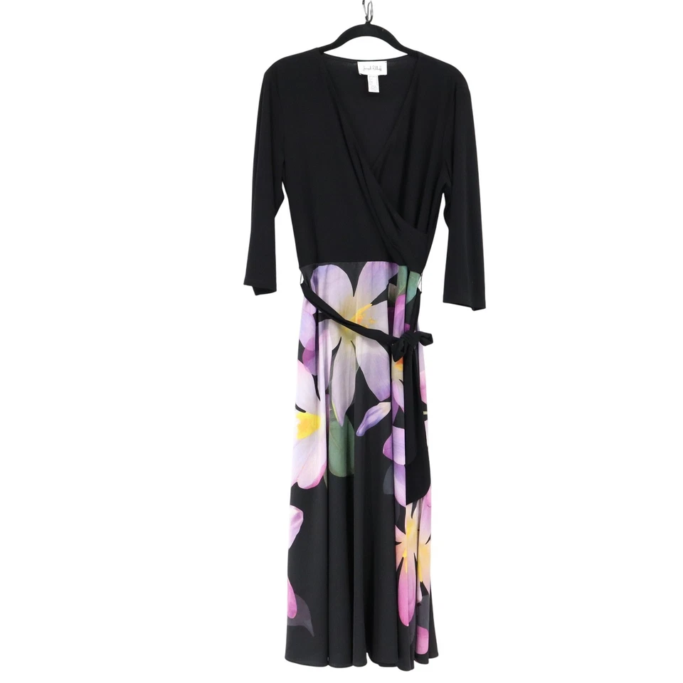 Vestido midi Joseph Ribkoff estampado floral negro púrpura talla 10 boho femenino brunch Foto 2 de 4