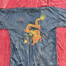 Vintage Double Peach Dragon Embroidered Kimono Robe Black