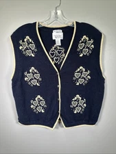 VTG Christopher Banks Sweater Vest L Hand Knitted Hearts Embroidered Granny Core