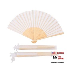 50pcs White Imitated Silk Fabric Bamboo Folded Hand Fan Bridal Dancing Props