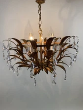 Vintage Gold Gilt Gilded Leaf Chandelier Metal Italian Crystals Hanging Fixture