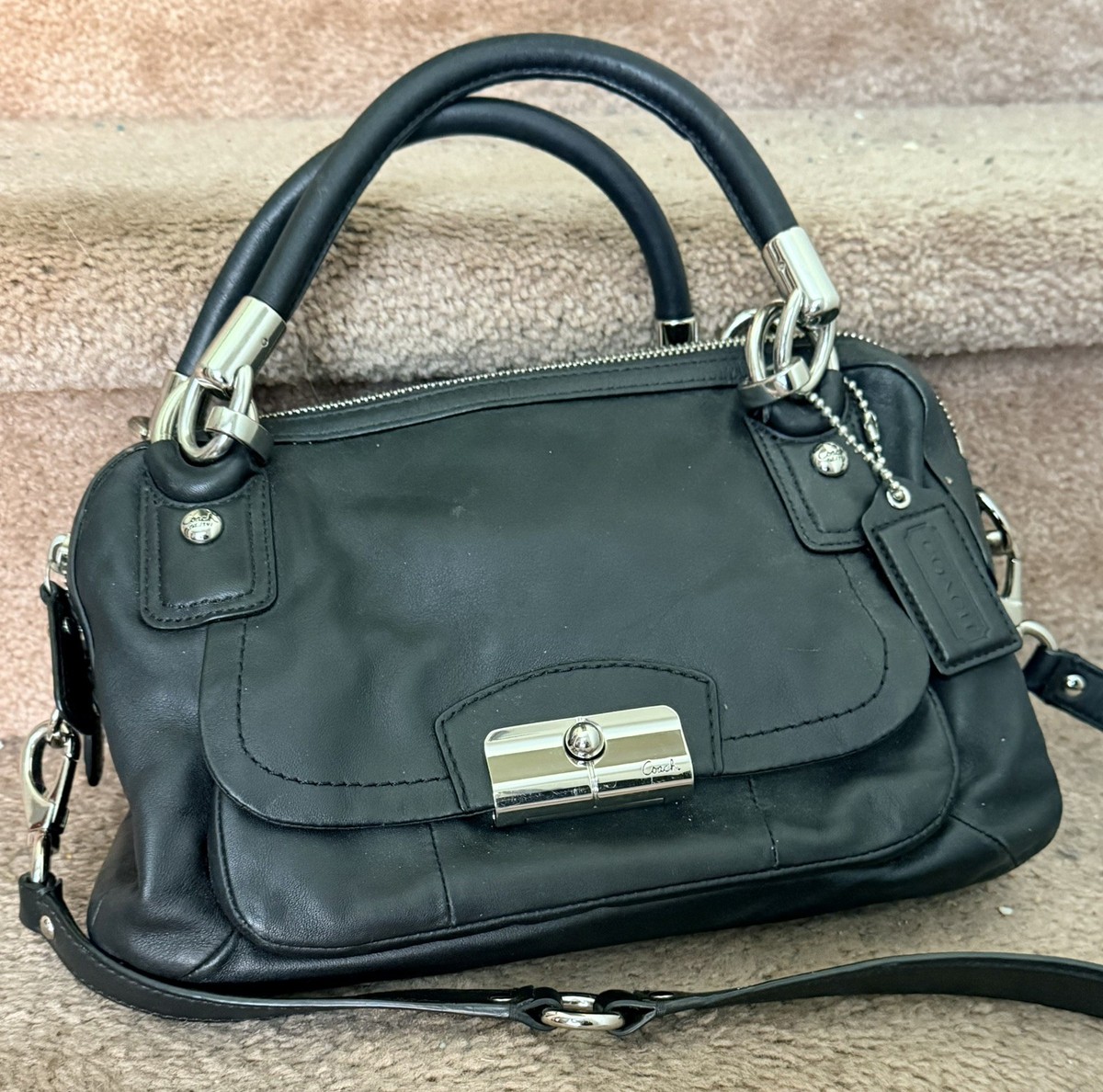 COACH #F22304 Kristen Black Leather Double-Zip Satchel Shoulder