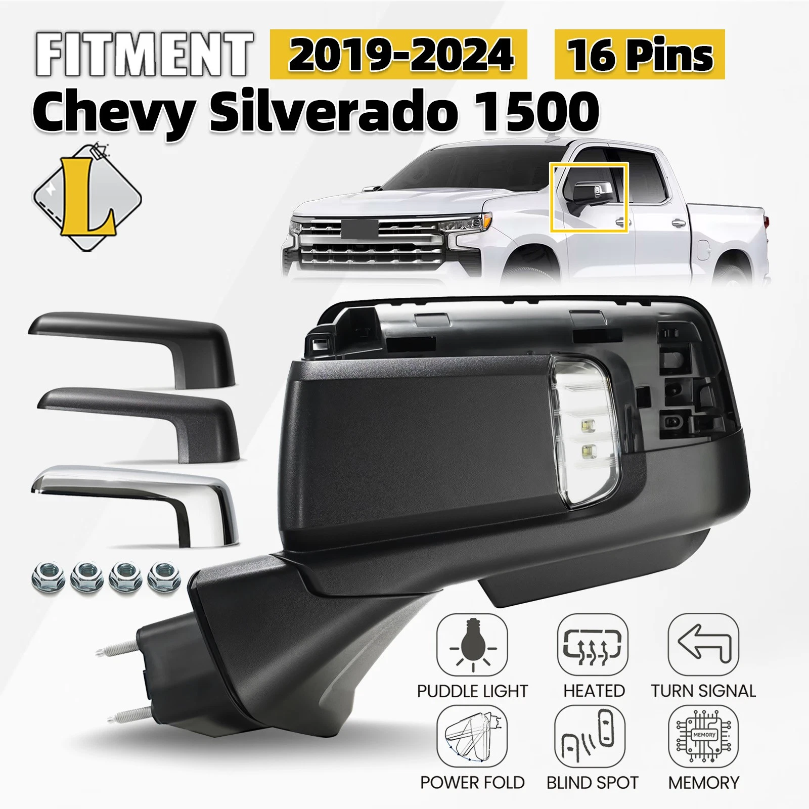 Side Mirror For 2019-2024 Chevy Silverado 1500 W/BSD & Memory Heated 16 Pin Left
