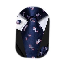 Men's Tie Sets Silk Paisley Striped Necktie Pocket American Flag Navy Blue