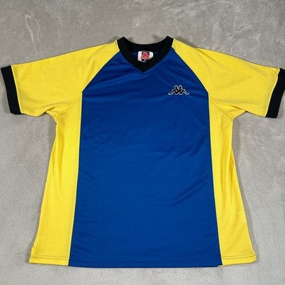 Vintage 90s Kappa Athletic Jersey Soccer Shirt Blue Yellow Logo Embroidered XL