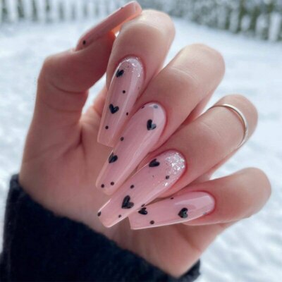 Pink With Black Heart False Nails Extra Long Coffin Artificial Press On Nails Ebay