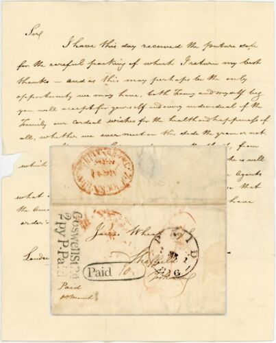 1816 LETTER WELLS to J.WHEAT re PICTURE SENT ..GOSWELL ST 2 Py P.PAID +PAID OVAL - Picture 1 of 4