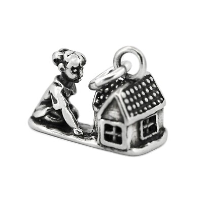 Little Girl Playing with Doll House Toy 3D 925 Sterling Silver Charm MADE IN USA