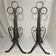 Pair of Arts & Crafts Hand Forged Wrought Iron Fireplace Andirons Antique Chenet
