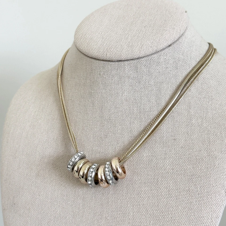 Colar de disco de cristal Kenneth tom dourado corrente de várias fileiras tom triplo intertravado - Imagem 3 de 4