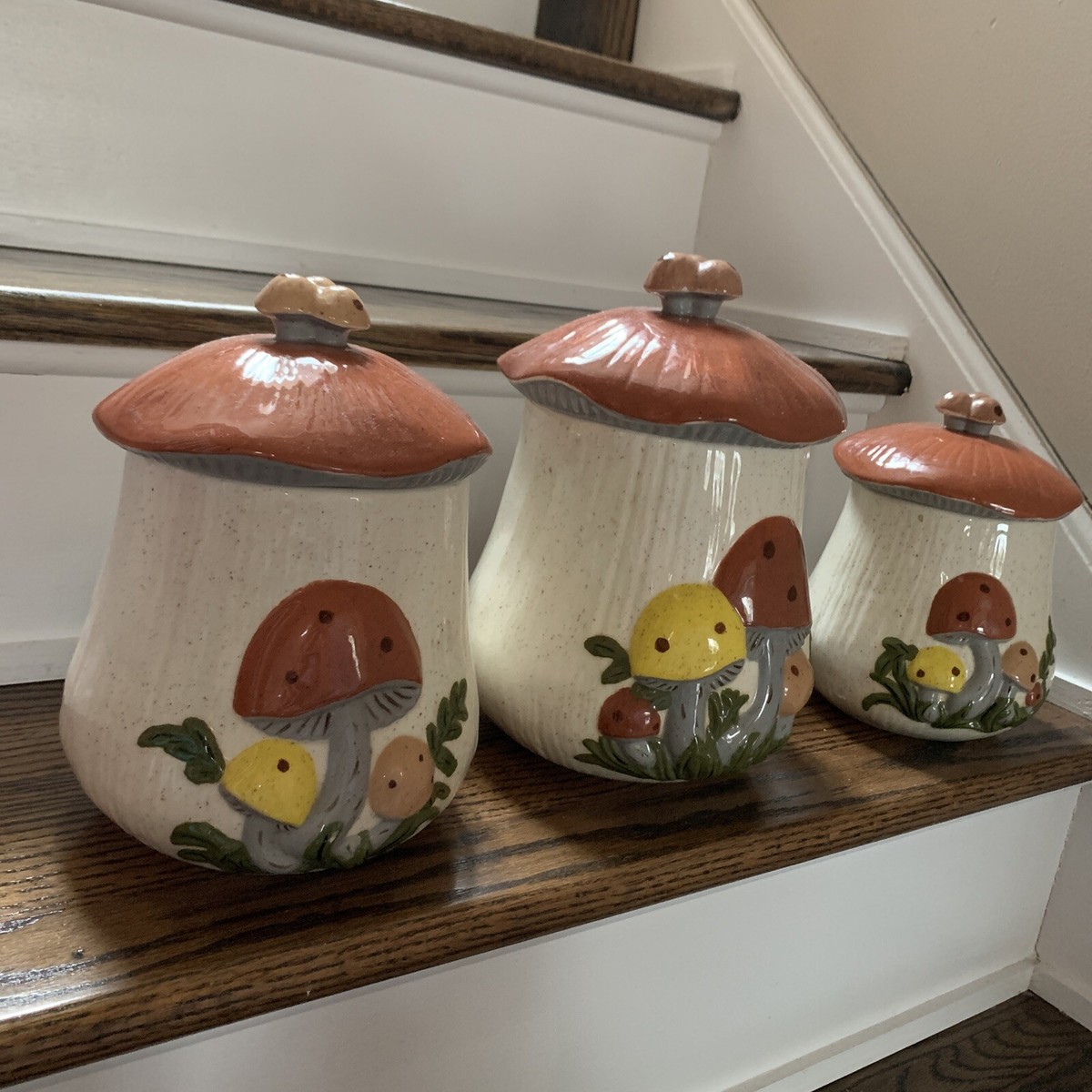 1980 Vintage Mushroom 3 Piece Canister Set Arnel's Mold Ceramic
