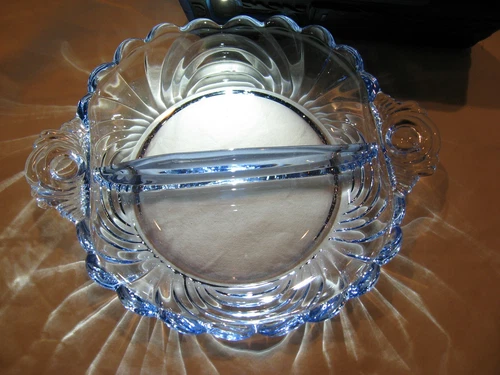 Vintage 6" Round Blue Depression Glass Divided Bowl Excellent!