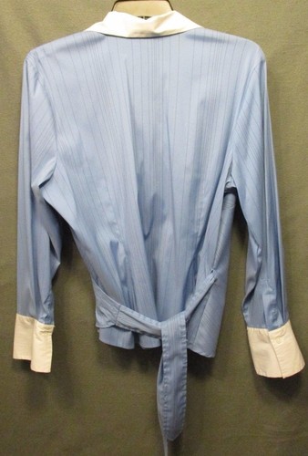 ELEMENTAL STRETCH size 18/20 BLUE PINSTRIPE WRAP FRONT BACK TIE SHIRT EUC #1631 - Picture 3 of 7