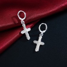 Womens 925 Sterling Silver Religious Cross Drop Dangle Fashion Earrings E352