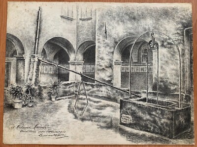 Antique Original Ink Drawing European Backyard View Lucien Walter C. 1920