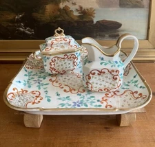 OLD PARIS French Porcelain TRAY, CREAMER, and SUGAR Antique 19th CE