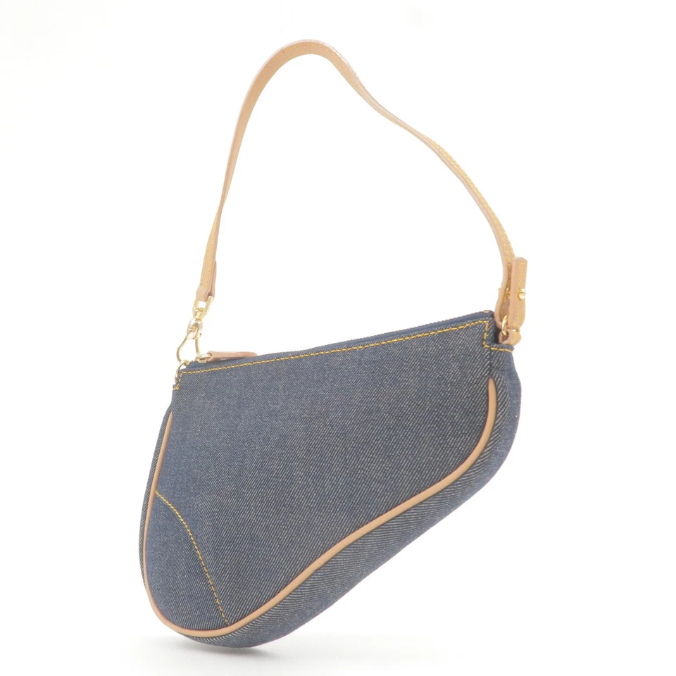 Christian Dior Saddle Bag Shoulder Bag Navy Denim Leather Auth Used - Image 3 of 4