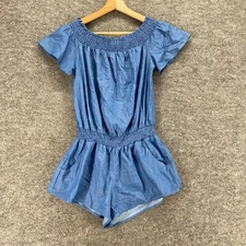 New San Joy Jumpsuit Women L Large Blue Elastic Waist Lined Cotton Short Sleeve