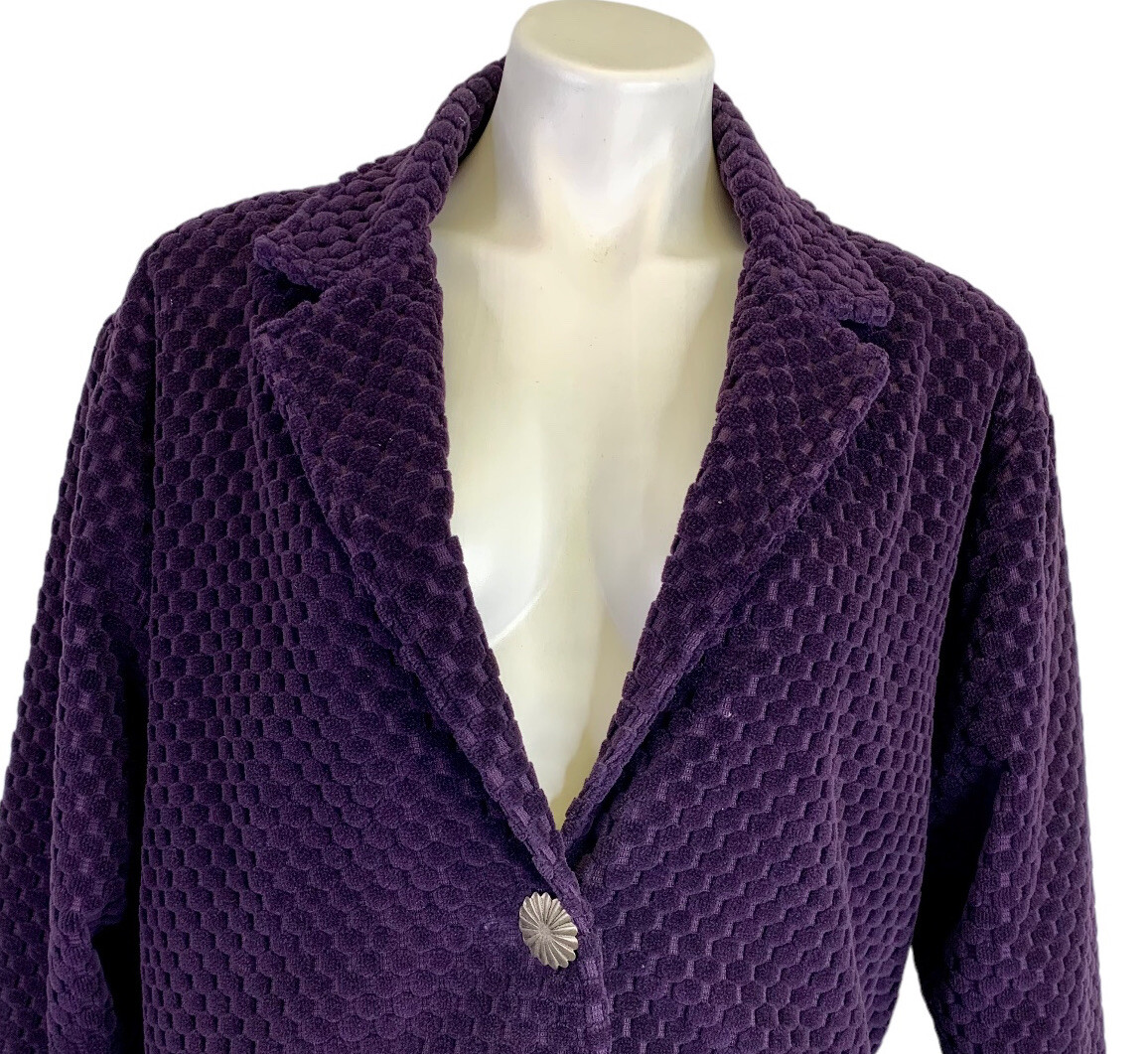 Giacca ritagliata pony dipinta S piccola arazzo viola arte da indossare bottoni vintage