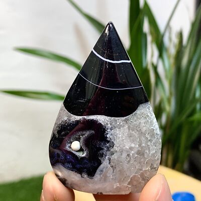 114G Natural black striped agate water drop obelisk Crystal energy Healing