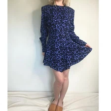 THE NEW ARRIVALS Long Sleeve Black & Blue Ditzy Floral Minidress US 8