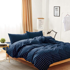 - Grid Cotton Duvet Cover Set, Plaid Checkered Geometric Farmhouse, 100 Washed