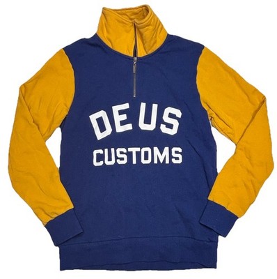 Deus Ex Machina Hansford Half Zip Sweatshirt Men s M Blue Gold 100% Cotton