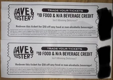 Dave and Buster Trade Your Tickets - $20 FOOD & N/A BEVERAGE (Read Description)