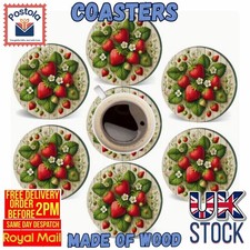 Strawberry Wooden Coasters Set of 6 Round Drinks Mats