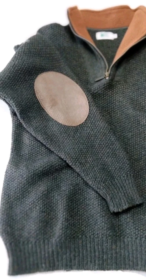 Mens REI Wool/Nylon Pullon Sweater. Deep Moss Green with Stylish Elbow Patches . - Image 3 of 4