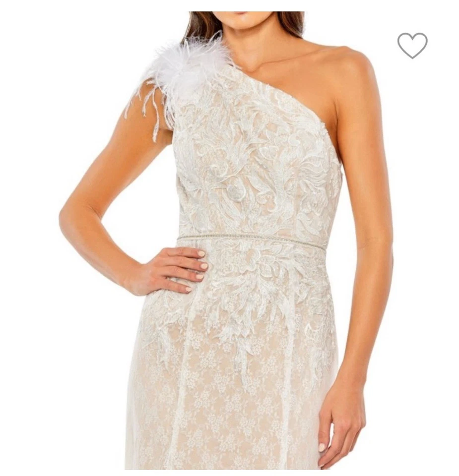 NWT MAC DUGGAL 11317 Ostrich Feather & Lace One Shoulder Gown - Size 12 -Wedding - Image 2 of 4