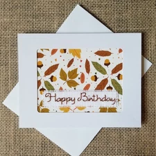 Completed Finished Cross Stitch Happy Birthday Autumn Leaves Blank Note Card