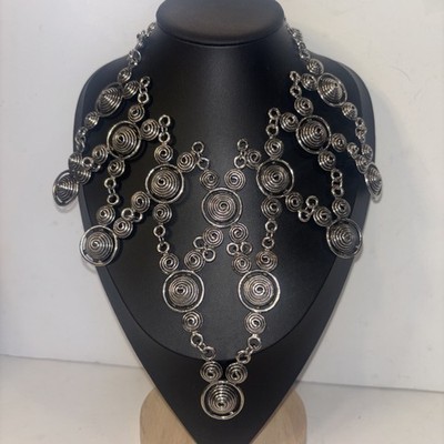 Vtg Brutalist Silver Tone Spiral Circle Bib Necklace Modernist Cleo Collar 17''