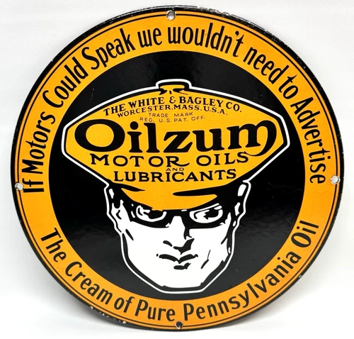 Olizum Motor Oil - Vintage Porcelain Sign - White & Bagley Co. Worcester Mass.