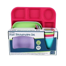 Your Zone 24-Piece Plastic Kids Dinnerware Set with 4 Trays, Bowls, Plates, Cups