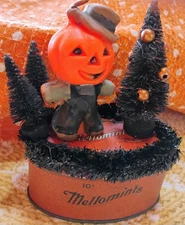 Vintage Halloween Assemblage on Mellowmints Tin with Gurley Pumpkin Man Candle