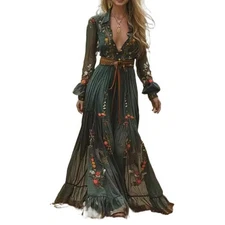 Fashion Fall Maxi Dress For Women Bohemian Retro Floral Print Sheer Sleeve Long 