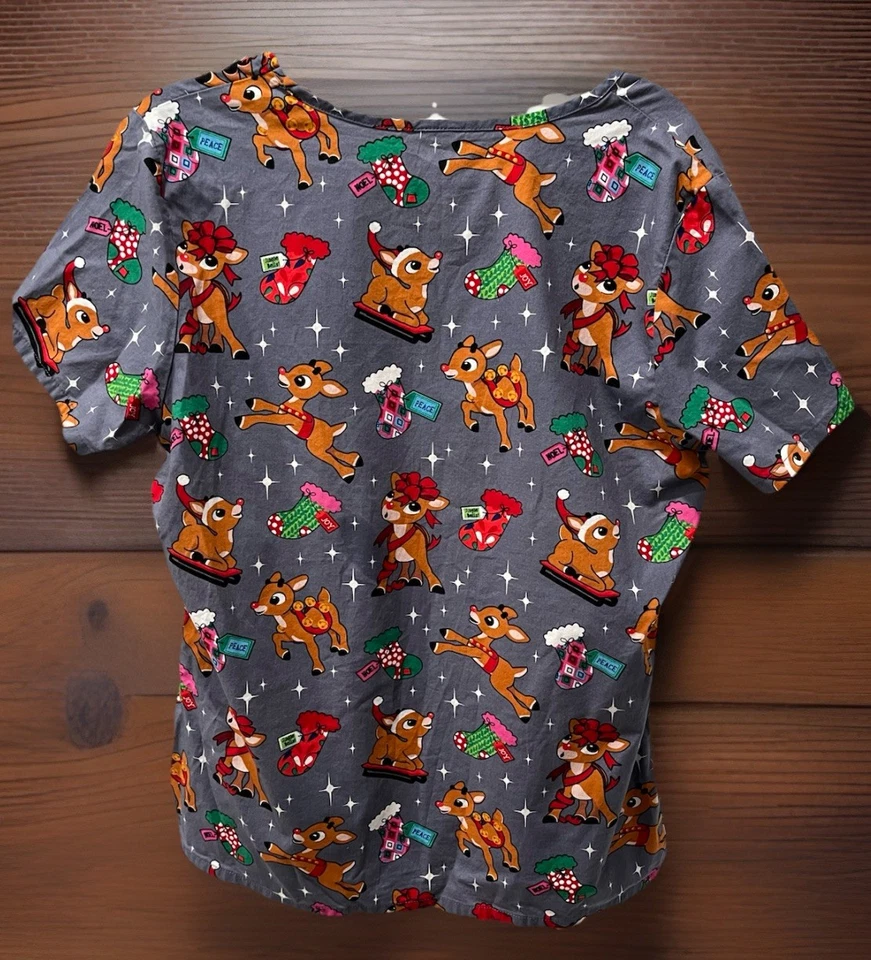 Women’s Large Christmas Scrub Top Rudolph Reindeer Gray Festive Stretch Pockets - Image 3 of 4