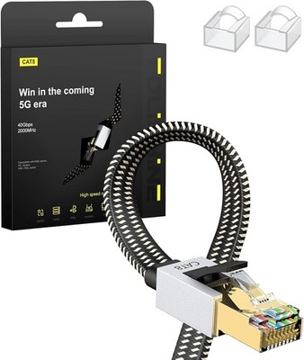 Cat8 Ethernet Kabel 1M, Hohe Geschwindigkeit Nylon Braided Lan Patch Cord,