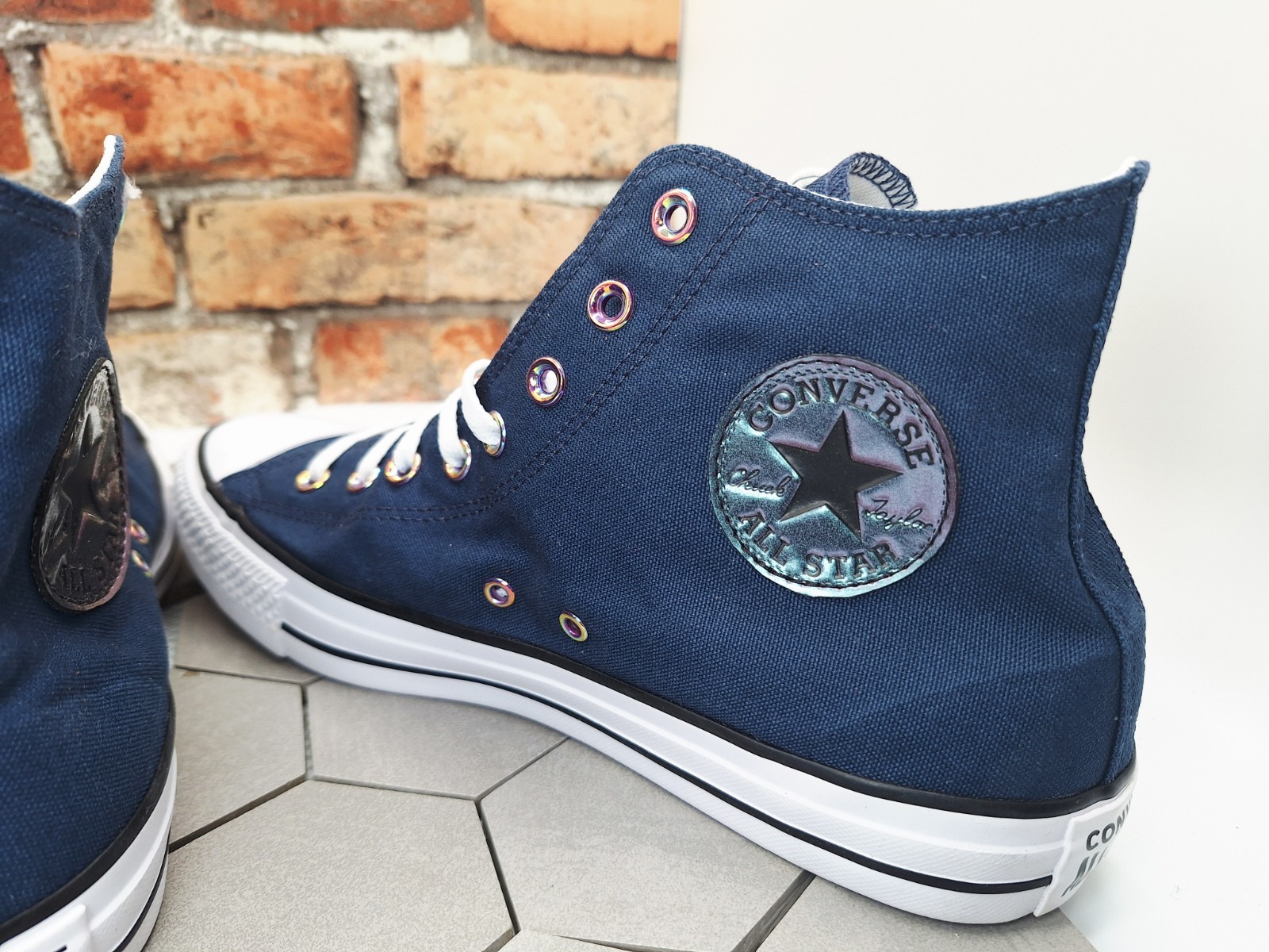 Men Size 11 Converse All Star Hi Blue White Iridescent Eyelet Logo Custom Color thumbnail 6