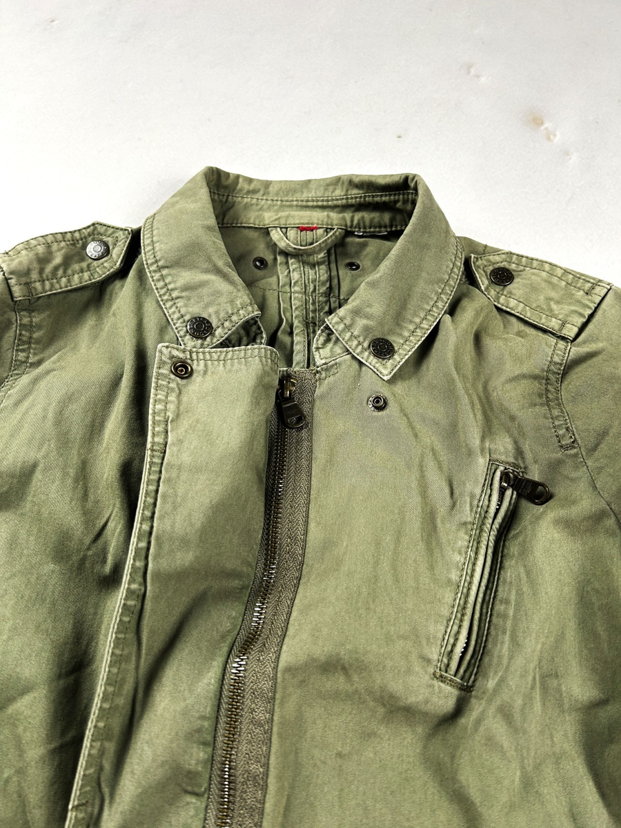Vintage Olive Green Jacket Cropped Military Style Zip Up Casual